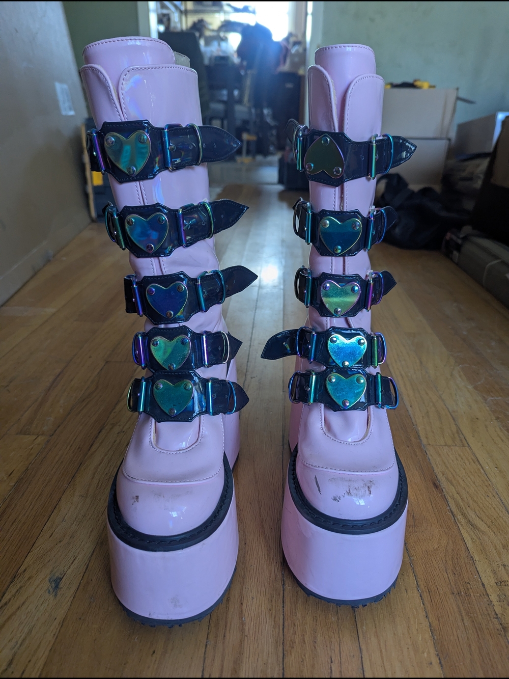 Demonia Rareish FashioNation Collab Pink Heart-Buckle Platform Boots